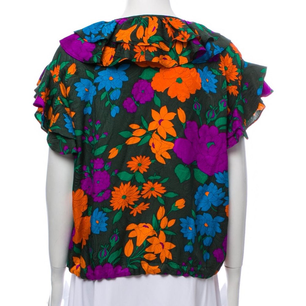 [Warm] Silk Floral Print Ruffle Tie Top - Picture 2 of 3